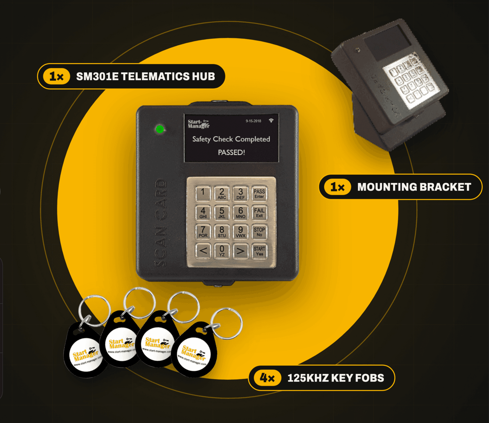 The Introductory Offer: SM301E hub, mounting bracket and four 125kHz key fobs