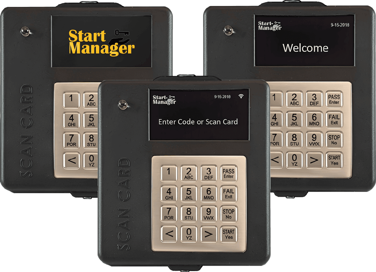 Three Start-Manager SM301 units showing the welcome, branding and enter-code screens