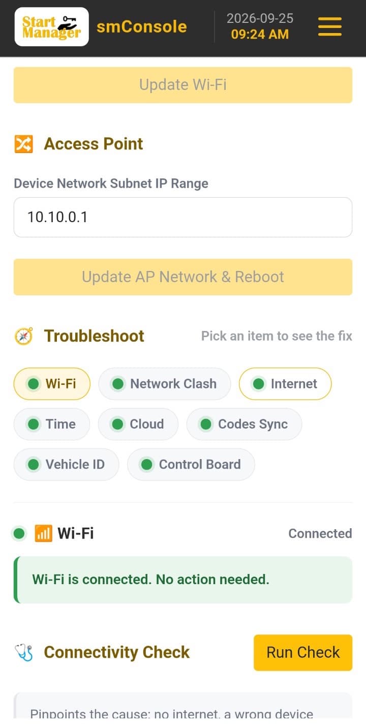 smConsole on a phone, showing the troubleshooter with Wi-Fi, internet and control board all reporting healthy