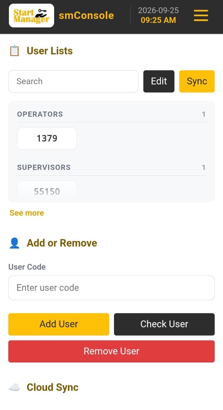 smConsole on a phone, listing operators and supervisors and adding or removing a user code